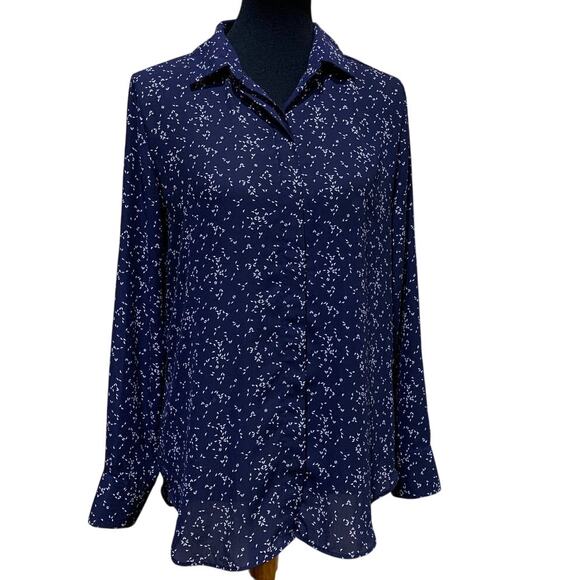 Mossimo Tops - Mossimo Medium Navy Blue White Long Sleeve Flowy Polyester Button Down Blouse